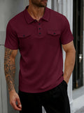 [Shule Water OBM] Men'S Waffle Knit Short Sleeve Polo Shirt, Classic Collar, Double Chest Pockets, Button-Up Lapel, Casual Daily Top - Burgundy
