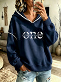 Women's Color-Blocked Shell Lace Patchwork Hooded Sweatshirt with Letter Print, Loose Drop-Shoulder Long-Sleeve Pullover Top, Early Autumn Casual Outerwear for Home, Commuting,, Shopping, and Outings - Navy Color