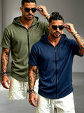 2pcs Men's Casual Sports Zipper Hooded Short-sleeved T-shirt Jacket Suitable for Sports Fitness, Beach Vacation - Green+Navy Blue