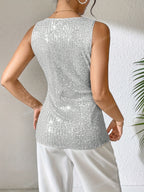 Sequin V-neck Vest, Elegant and Sexy Sleeveless Top, Suitable for Summer and Spring, Women's Clothing - Silvery White
