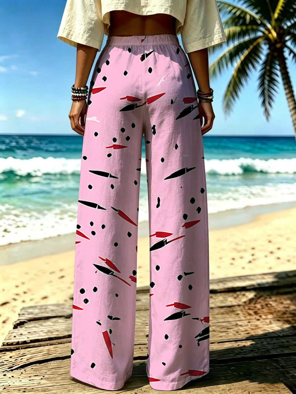Women'S Casual Wide-Leg Pants, Easy Graffiti Brushstroke Print, Suitable for Women Who Love Sweet-Cool Style, Perfect for Beach Walks And Casual Gatherings. [Print Design - No Texture] - Mixed colors