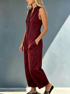 Women'S Elegant Spring Summer Retro Solid Color Jumpsuit, Stand Collar Sleeveless Loose Leg, Suitable for Fashion Workwear, Comfortable Casual Wear - Deep Red