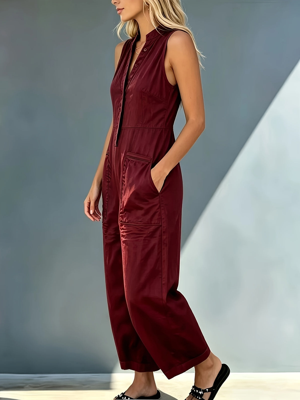 Women'S Elegant Spring Summer Retro Solid Color Jumpsuit, Stand Collar Sleeveless Loose Leg, Suitable for Fashion Workwear, Comfortable Casual Wear - Deep Red