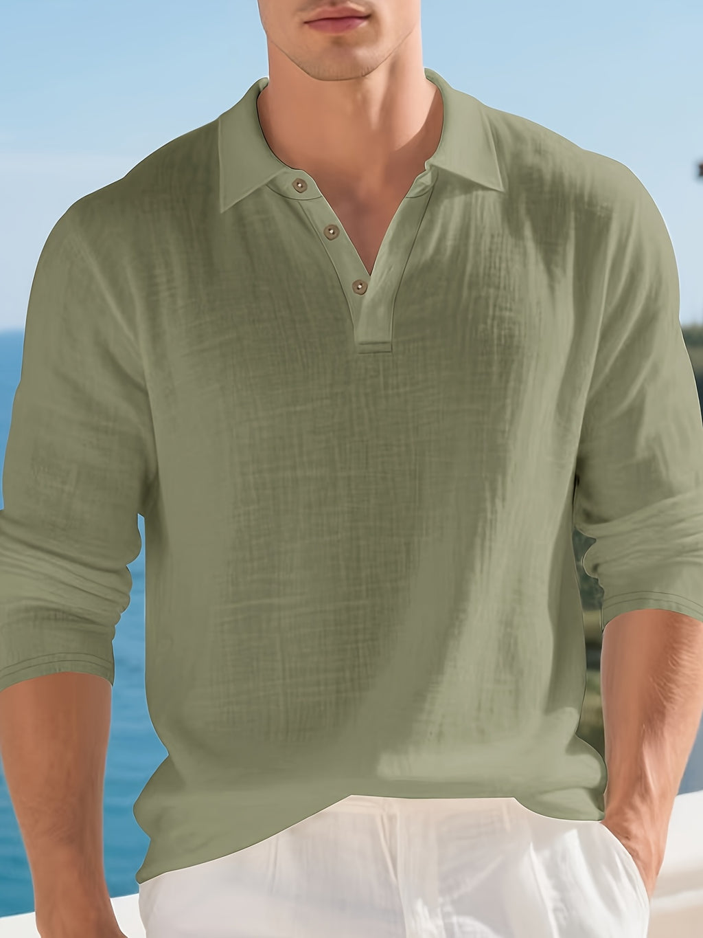 Men'S Textured Collar Button Polo Shirt, Regular Breathable Casual Outdoor Sports Versatile Top, 2pcs Set - Light Gray + Green