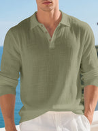 Men'S Textured Collar Button Polo Shirt, Regular Breathable Casual Outdoor Sports Versatile Top, 2pcs Set - Light Gray + Green