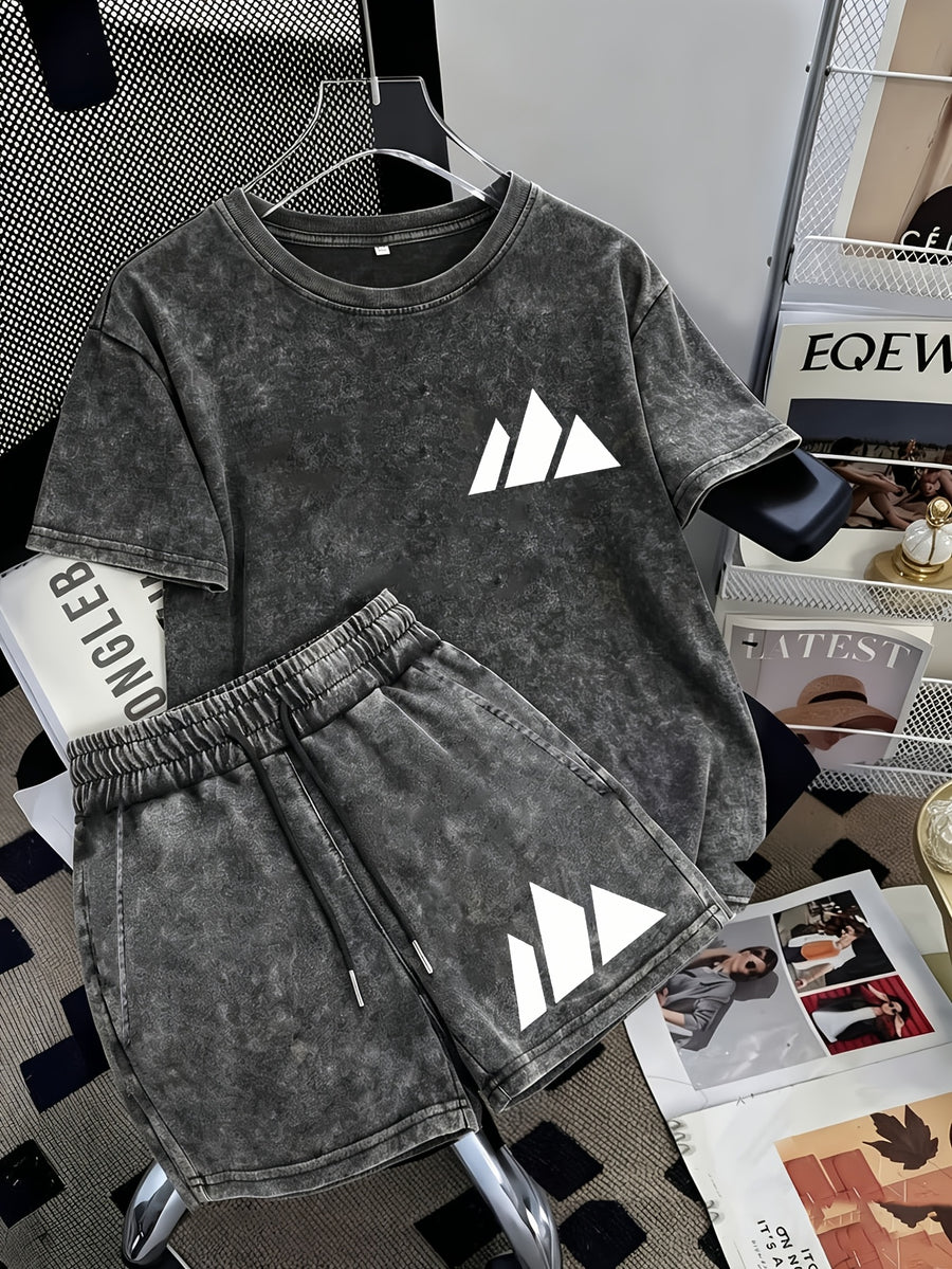 Summer Trendy Distressed Washed Short Sleeve Shorts Drawstring Women's Set, Minimalist Mountain Peak Line Drawing Print, Minimalist Outdoor Style, Artistic and Fresh Style, Forest-Inspired Natural Style, Comfortable for Hot Weather - Black 1