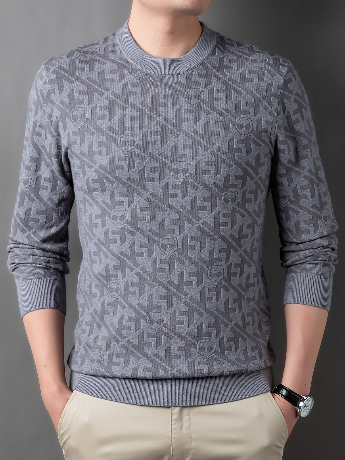 Men'S Round Neck Jacquard Sweater Spring Autumn Tight Thin Business Casual Knit Pullover Top - Grey