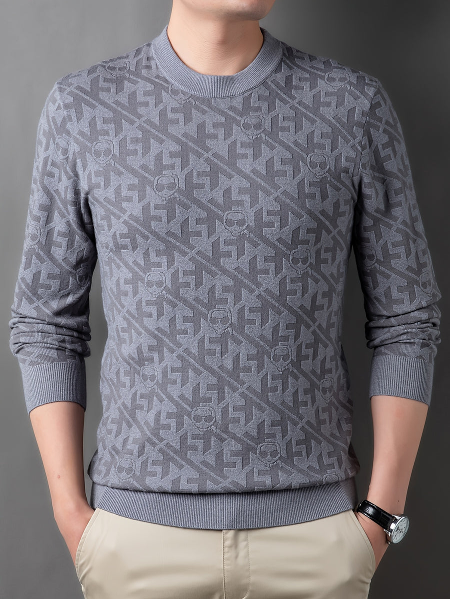 Men'S Round Neck Jacquard Sweater Spring Autumn Tight Thin Business Casual Knit Pullover Top - Grey