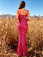 Dragon Fruit Powder Sequined V-Neck Fishtail Evening Gown, Double Thin Shoulder Strap Design, Formal Prom Dress, Four-Strap Beaded Bridesmaid Gown EN84657 - Watermelon Red