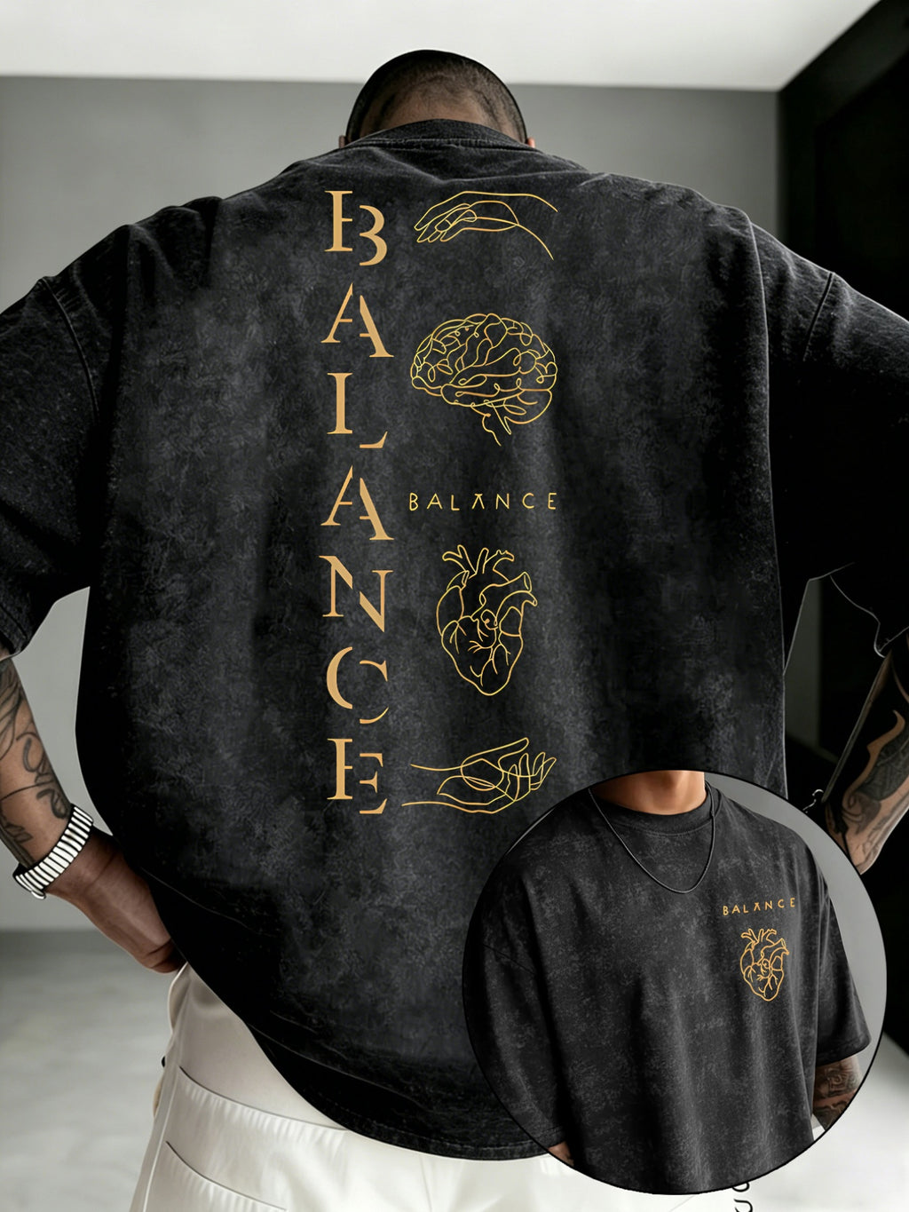 Men'S Distressed BALANCE Balance Print T-Shirt, Regular Casual Round Neck Short Sleeve, Minimalist Niche Trendy Top - Black