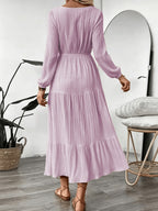 Women's Vacation Style Dress, Elegant and Fashionable V-Neck Lace Long Sleeve Maxi Dress - Light Purple