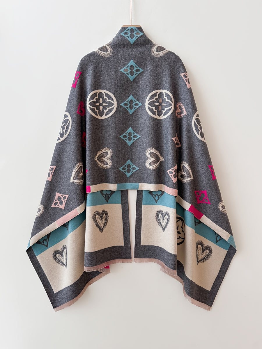 Plus Size - Reversible Contrast Heart Diamond Shawl Valentine'S Day Sweet Cool Style Western Date And Party Warm Outerwear Daily Casual And Fashionable - Magenta