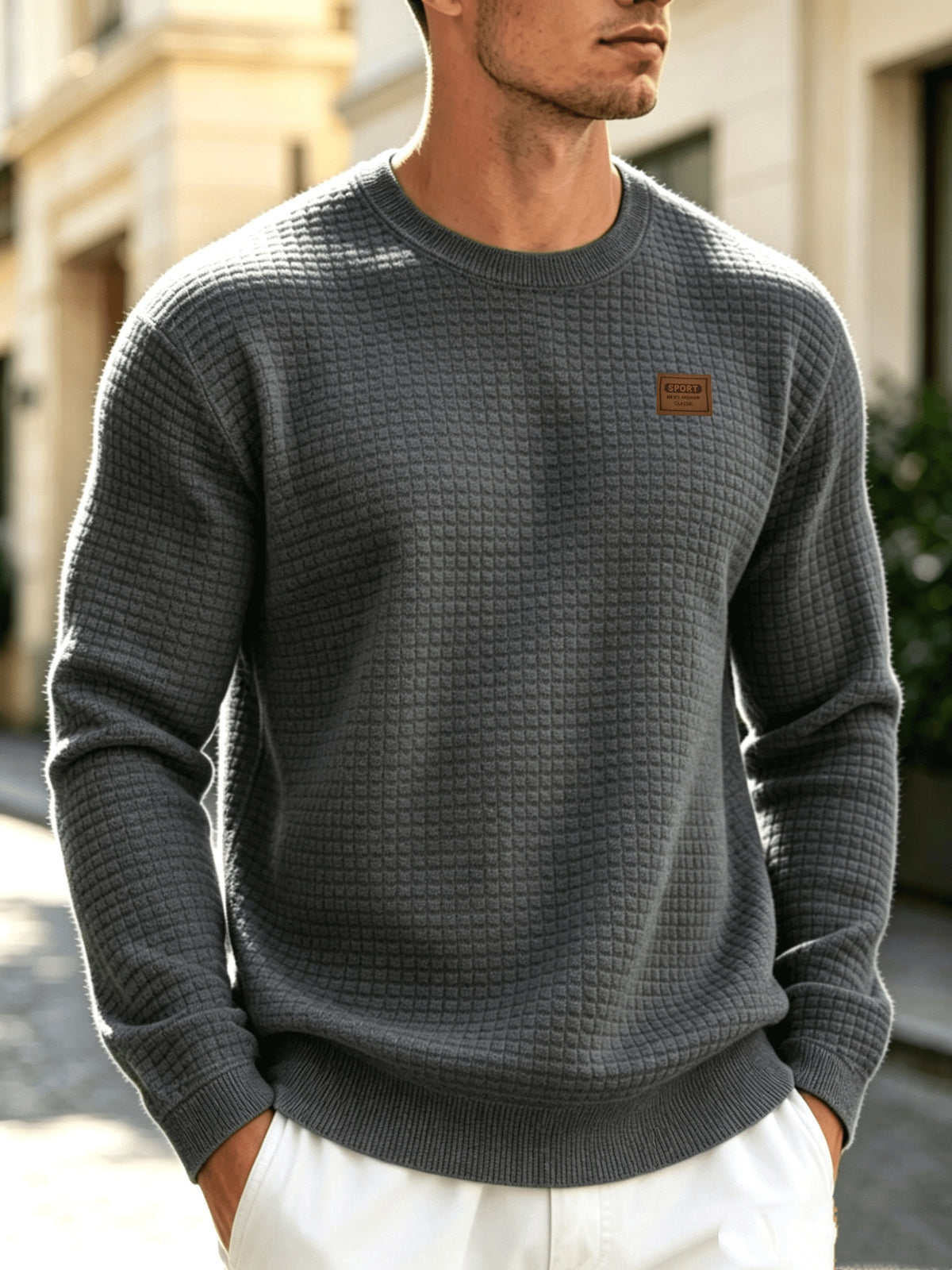 Men'S Knit Round Neck Solid Small Checkered Pullover Sweatshirt, Casual Easy Fashion Trendy Square Premium Men'S Clothing - Grey