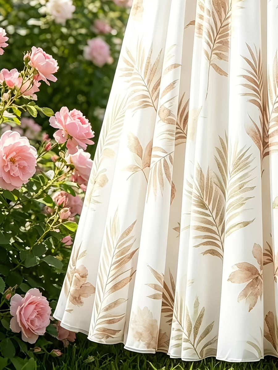 Spring/Summer Vacation Women's Elegant Palm Leaf Print A-Line Skirt, High-Waist Skirt, Beach Vacation Casual Office Skirt, Suitable for All Seasons - White