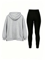 Autumn/Winter Set: Hooded Sweatshirt And Fitted Long Pants (Pattern Print Design) - Light gray with black