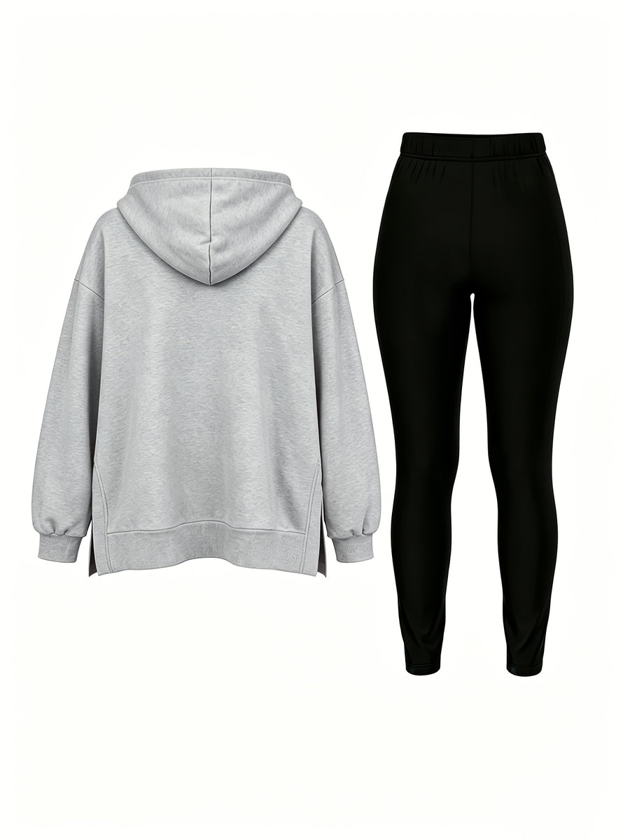 Autumn/Winter Set: Hooded Sweatshirt And Fitted Long Pants (Pattern Print Design) - Light gray with black