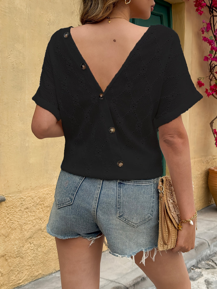 Fashion Women's Top Button Decoration Short Sleeve Backless Round Neck T-Shirt - Black