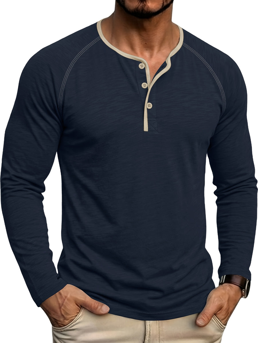 Autumn/Winter Cross-Border Men's Long Sleeve Crew Neck Henley Shirt, European and American Style Men's Pullover Base Layer T-Shirt - Royal Blue