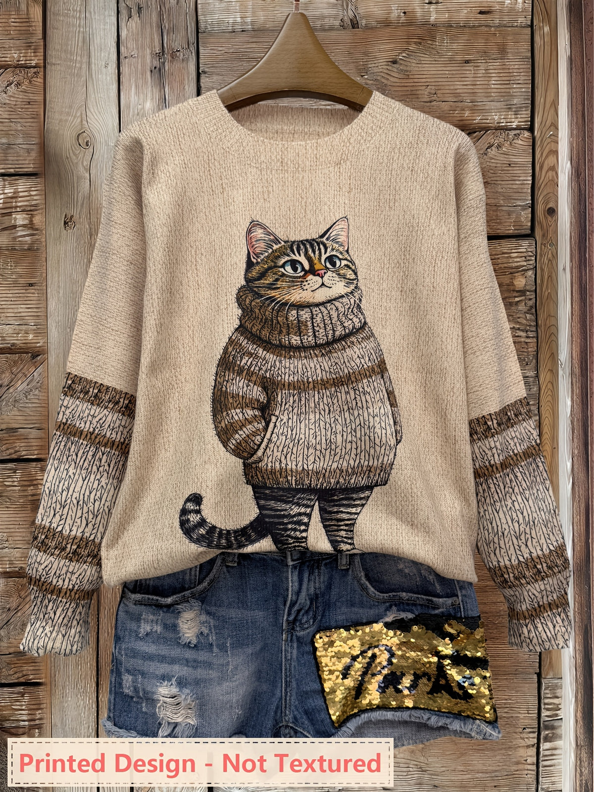 Plus Size - Plus Size - Plus Size Women'S for All Over Printed Long Sleeve Universal Crew Neck Lightweight Sweater, Trendy Wear, Cat Pattern, Perfect for Casual Elegance Style Outfits - Suitable for All Seasons - Coffee Color