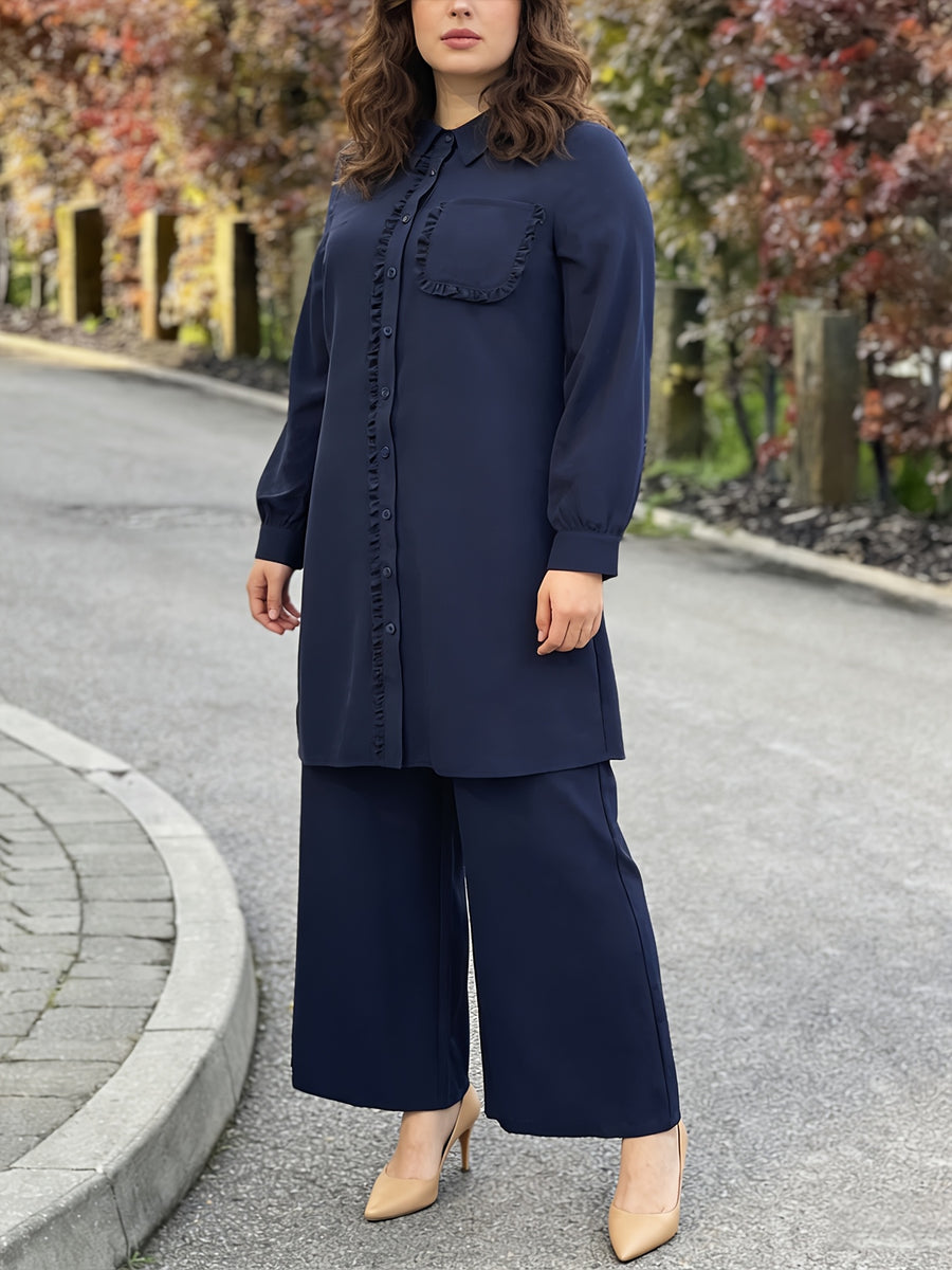 Eid | Elegant Plain Fril Muslim 2pcs Jalabiya Set | Elegant Abaya Women Modest with Pocket & Placket Ruffle Trim + Loose Wide-Leg Pants | Daily Home Leisure Commute Wear - Navy Color