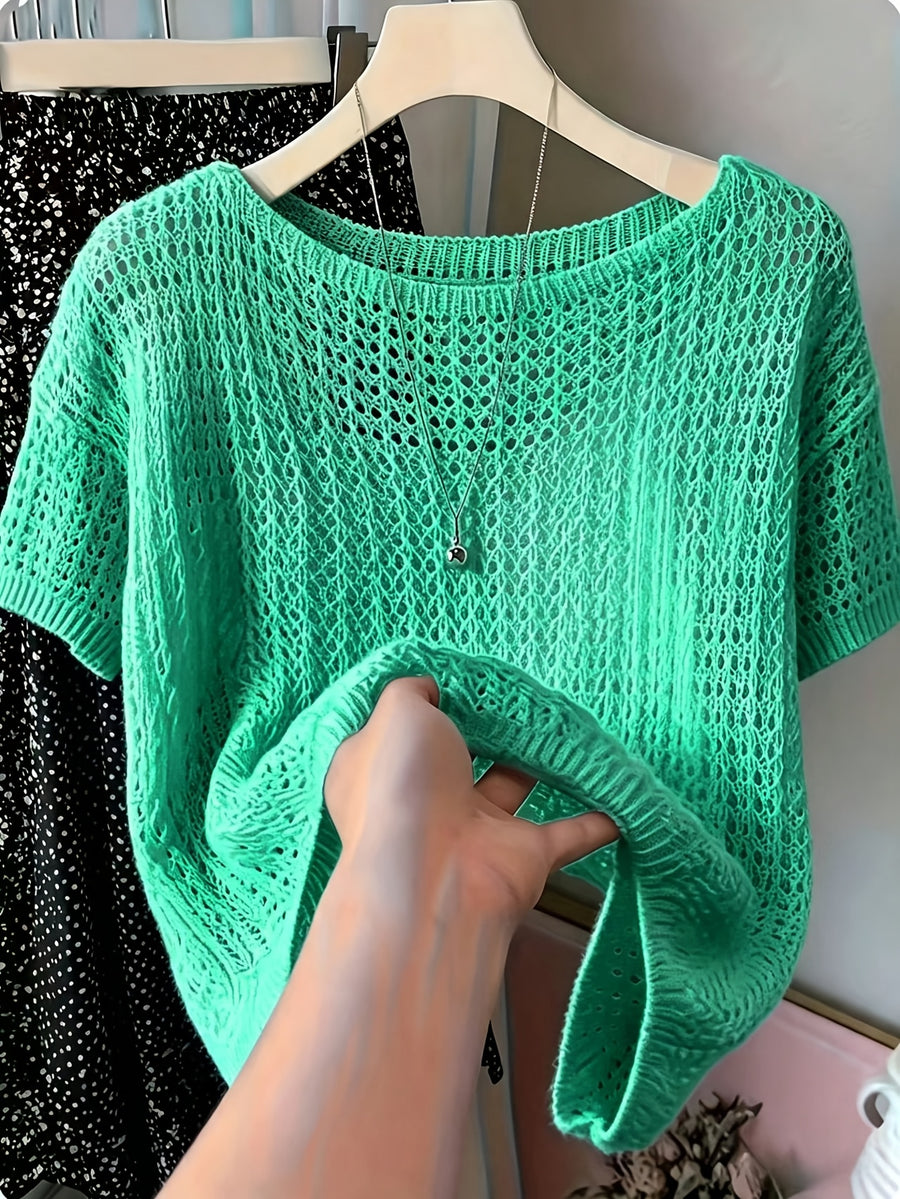 Women's Hollow Out Short Sleeve Blouse Sweater - Semi-Sheer Crochet Round Neck Lightweight Summer Top, Breathable Loose Pullover Blouse Suitable for Daily Wear & Vacation, Machine Washable Solid Color Crochet Knitwear - Green