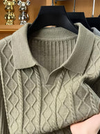 Men's Autumn/Winter Lapel Sweater Vintage Long-Sleeve Pullover Base Layer - Green