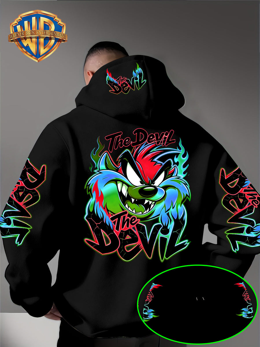 Le Yitong Flame Style Color-Block Graffiti Big Mouth Monster The Devil Print Hoodie, with Sleeve Print Design, Kangaroo Pouch And Drawstring Hood, Suitable for Autumn/Winter Casual Wear And Outdoor Activities - Black