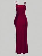 Women's Summer Solid Color Side Slit Hem Maxi Elegant Camisole Dress - Burgundy