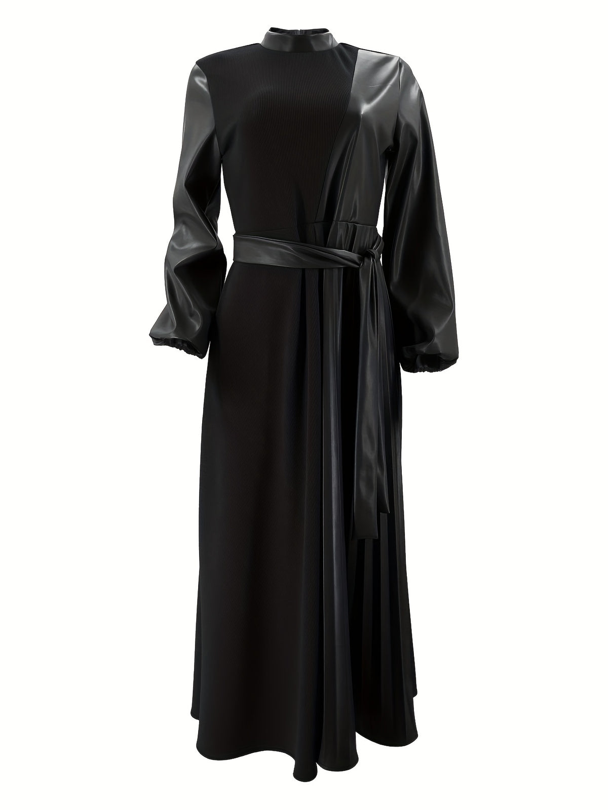 Middle Eastern Muslim Solid Color Pleated Long Split Women's Dress - Black
