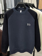 Men'S Color-Block Fleece Sweater Autumn Winter Thick Warm Knit Round Neck Pullover - Grey