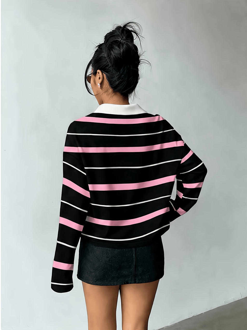 [Printed Design – Not Textured] Women's New Long-Sleeve Fashionable and Versatile Polo Shirt, American Vintage Striped Style in Black, Light Blue, and White Contrasting Horizontal Stripes with White Collar and Printed Long Sleeves. A Flattering - Pink Color