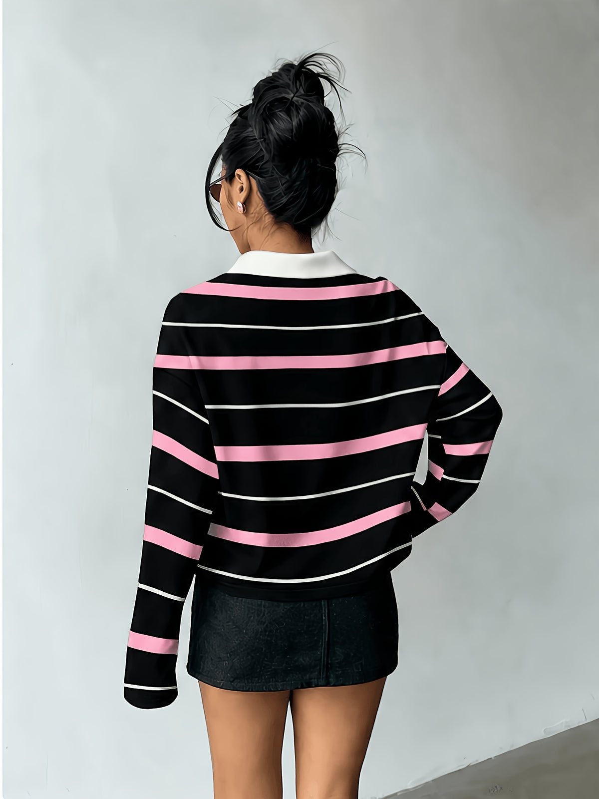 [Printed Design – Not Textured] Women's New Long-Sleeve Fashionable and Versatile Polo Shirt, American Vintage Striped Style in Black, Light Blue, and White Contrasting Horizontal Stripes with White Collar and Printed Long Sleeves. A Flattering - Pink Color