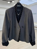 Polka Dot Ribbon Design Women's Blazer, Cropped Spliced Casual Commuter Versatile Blazer Top - Dark Gray