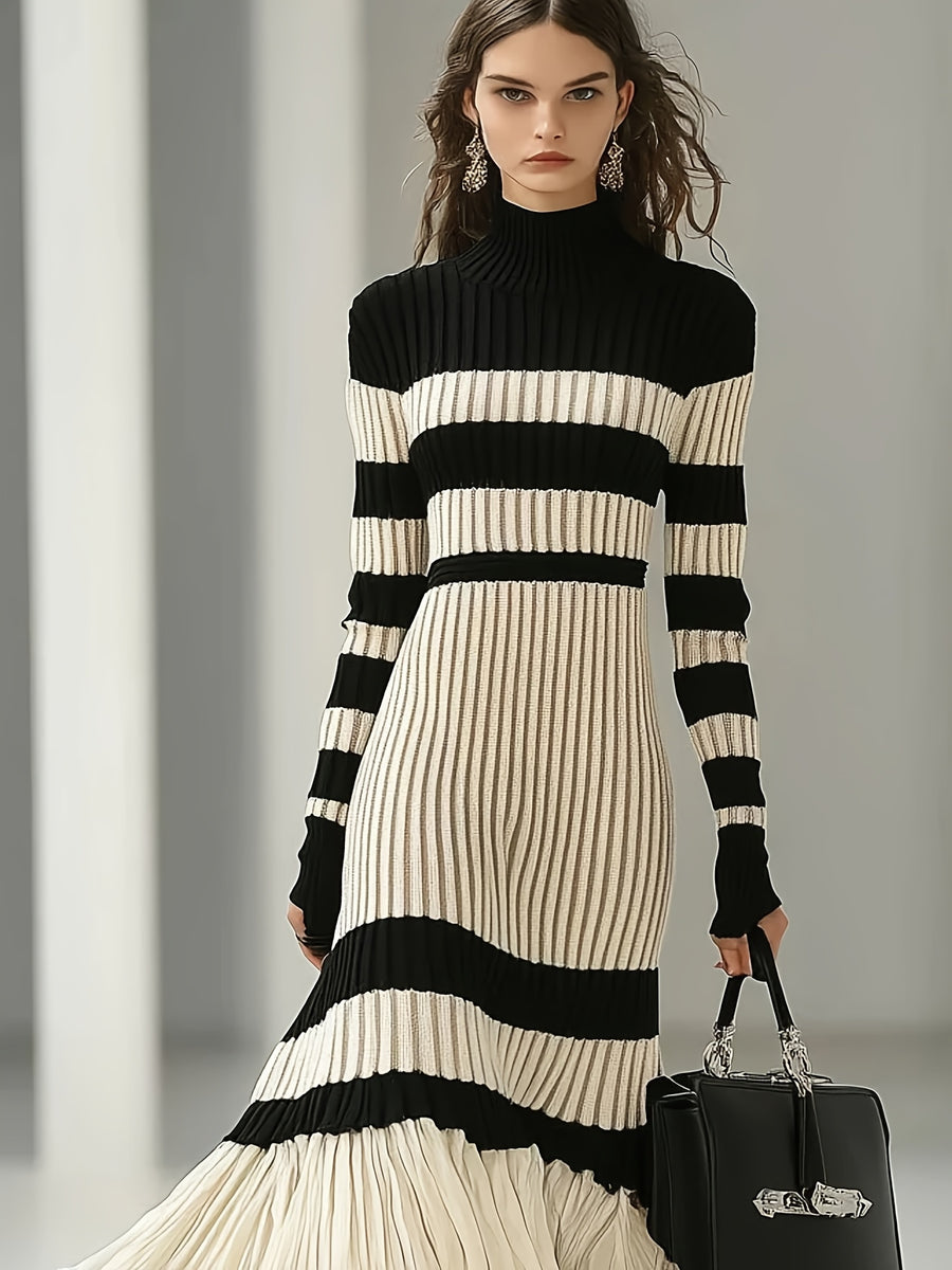 French-Style Elegant High Neck Striped Color-Block Dress for Women, Designer Over-the-Knee Slim-Fit Base Layer Hip-Hugging Skirt - Apricot