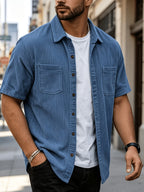 Summer Men'S Solid Color Pinstripe Corduroy Shirt, Lapel Double Pocket Design Loose All-Match Short Sleeve Shirt Jacket - Blue