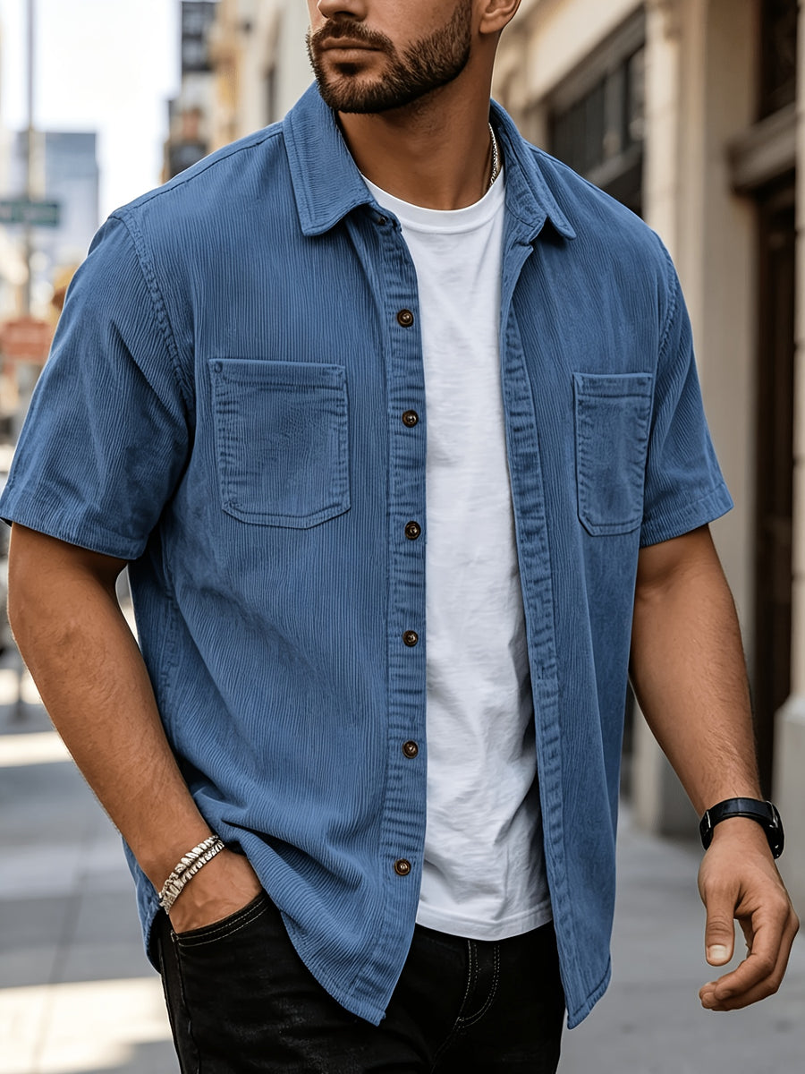 Summer Men'S Solid Color Pinstripe Corduroy Shirt, Lapel Double Pocket Design Loose All-Match Short Sleeve Shirt Jacket - Blue
