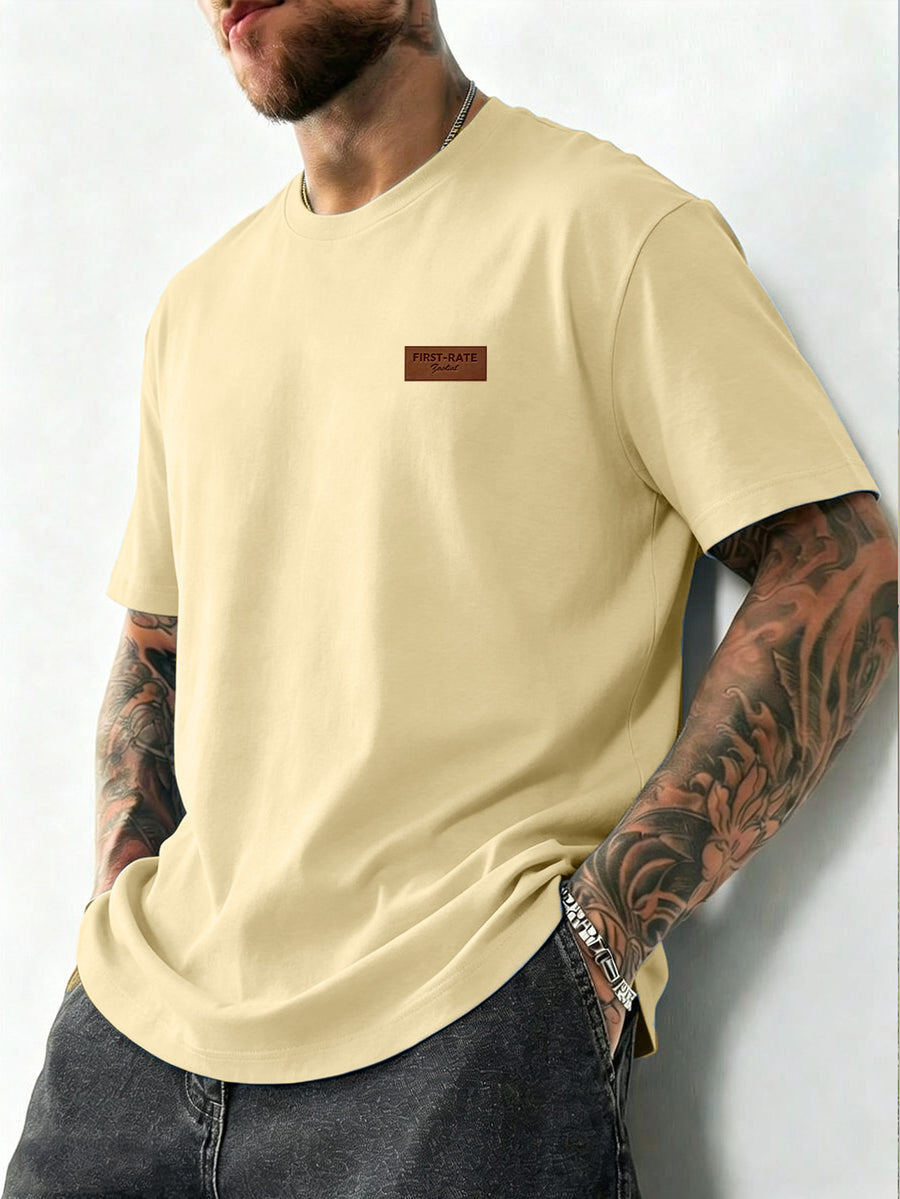 Summer New Men'S Regular Fit Short Sleeve T-Shirt with Chest Brown Small Label Text Print Easy Comfortable Casual Outing Commute All-Match Round Neck Top - Apricot