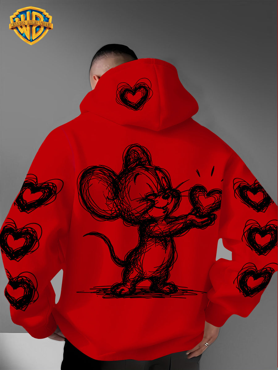 Warner Bros. Officially Licensed Men's Hoodie, Featuring Retro-style Cartoon Character Heart-shaped Pattern Design, Hand-drawn Sketch Art Print, Suitable for Casual Streetwear, Ideal for Daily Wear, for Travel or Weekend Outings - Red