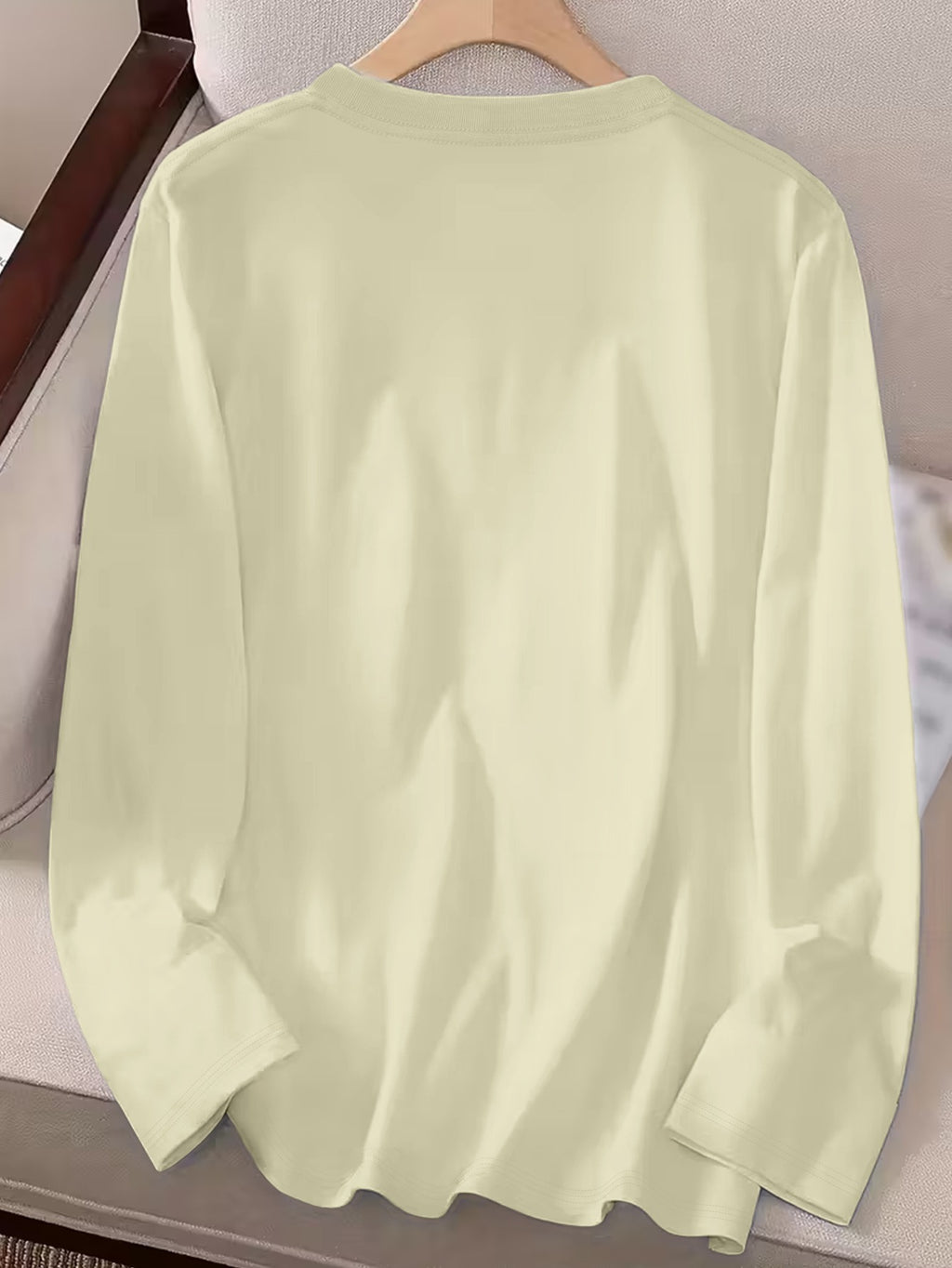 Women'S 100% Solid Color Long Sleeve T-Shirt, Round Neck, Comfortable Casual Wear for Everyday Use - Apricot