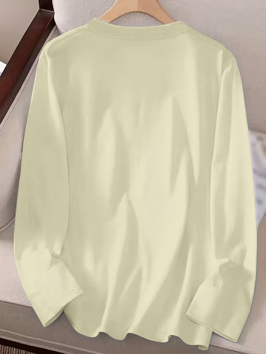 Women'S 100% Solid Color Long Sleeve T-Shirt, Round Neck, Comfortable Casual Wear for Everyday Use - Apricot