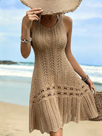 Women'S Spring Summer Hollow Dress Sleeveless Vest Vacation Long Dress - Light Khaki