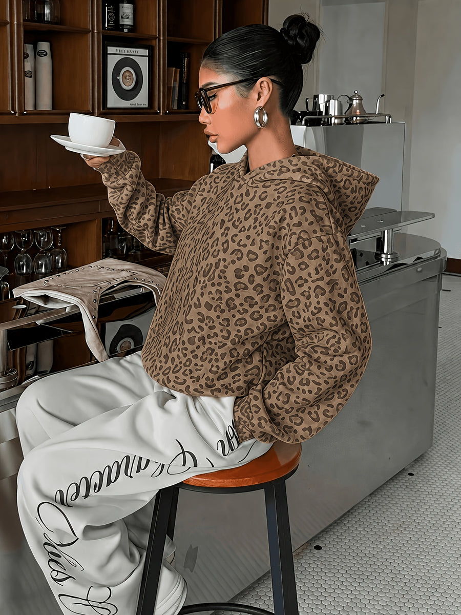 Women's Sweatshirt, Casual and Simple College-style Retro Leopard Sweatshirt[Printed Design-not Textured] - Dark Brown