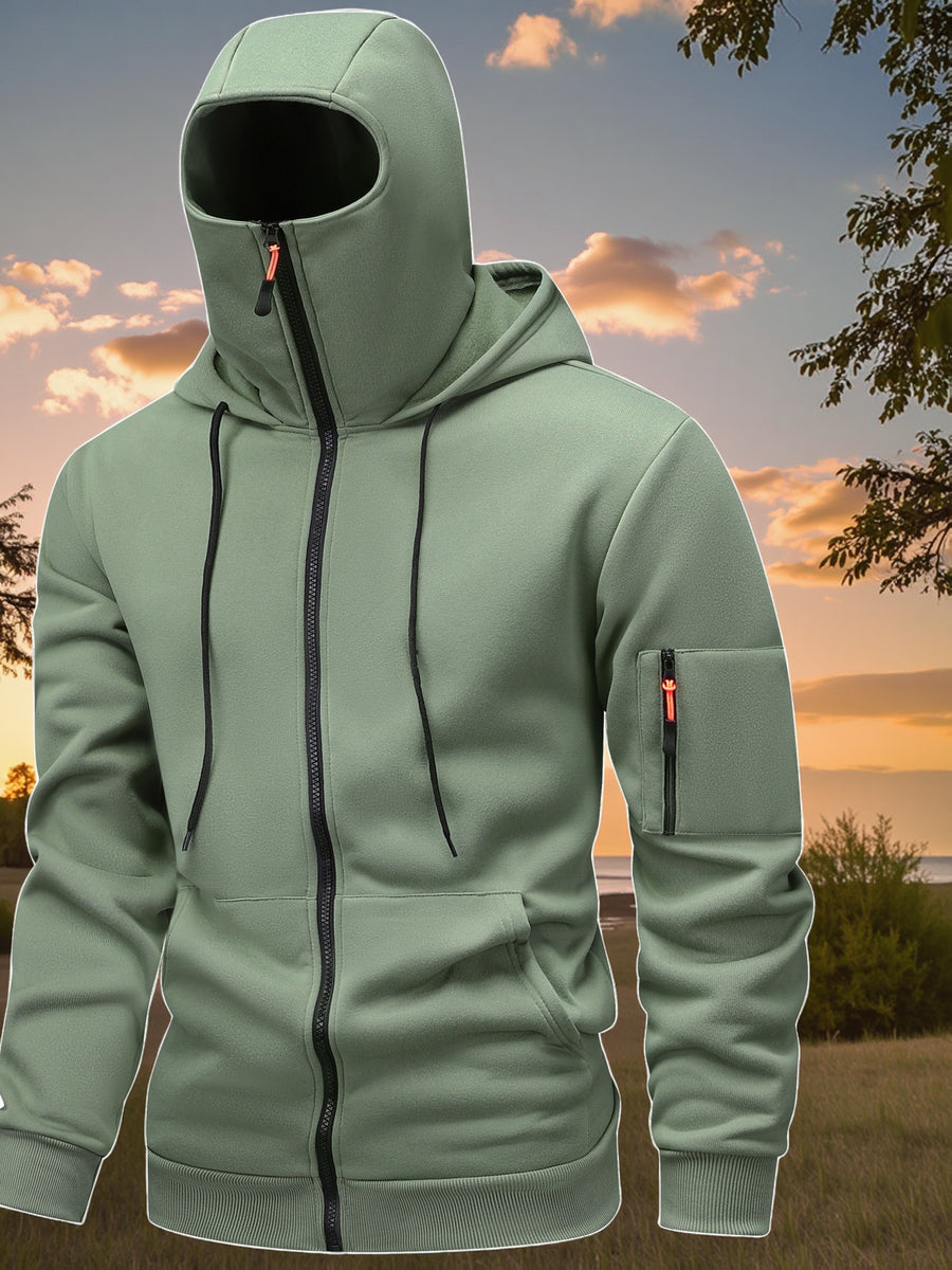 Men's New Full-Zip Protective Suit with Mask, Face Cover, and Face Protection Design. Zip-Up Hooded Protective Jacket for Cycling, Outdoor Climbing, Skiing, and Casual Wear - Light Green