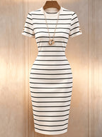 Women'S New Black And White Striped Round Neck Short Sleeve Slim Waist-Cinching Mid-Length Dress - White And Black Stripes