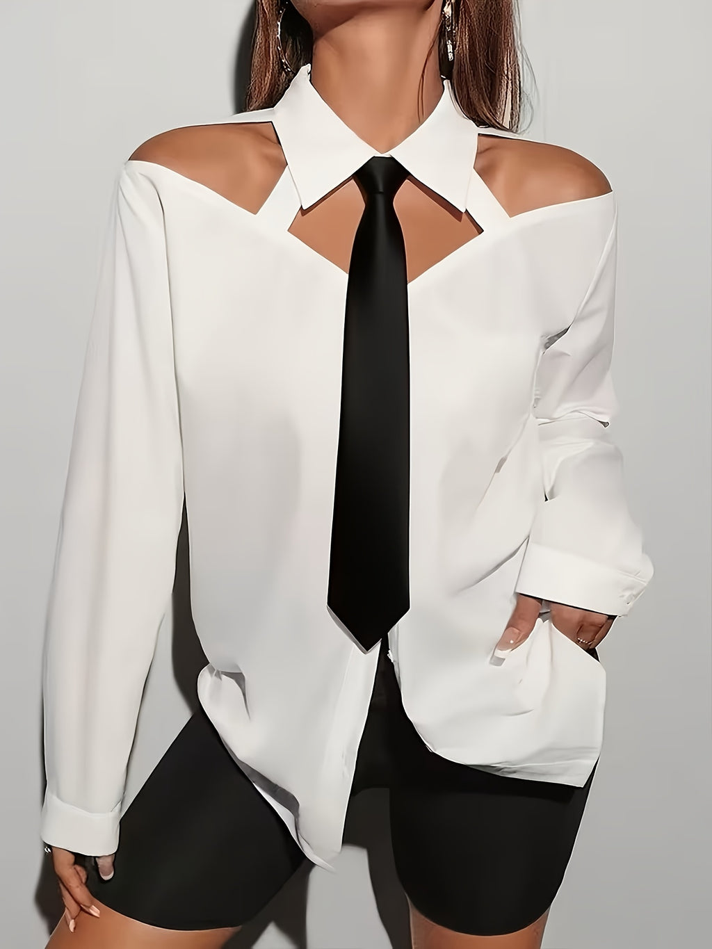 Elegant Off-Shoulder Color-Blocked Tie Long-Sleeve Blouse for Women'S Commuting: Spring Outfit Ideas, Summer Wardrobe - White