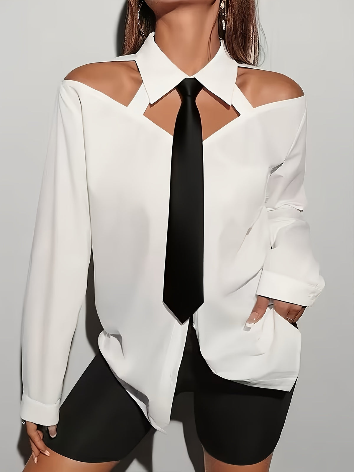 Elegant Off-Shoulder Color-Blocked Tie Long-Sleeve Blouse for Women'S Commuting: Spring Outfit Ideas, Summer Wardrobe - White