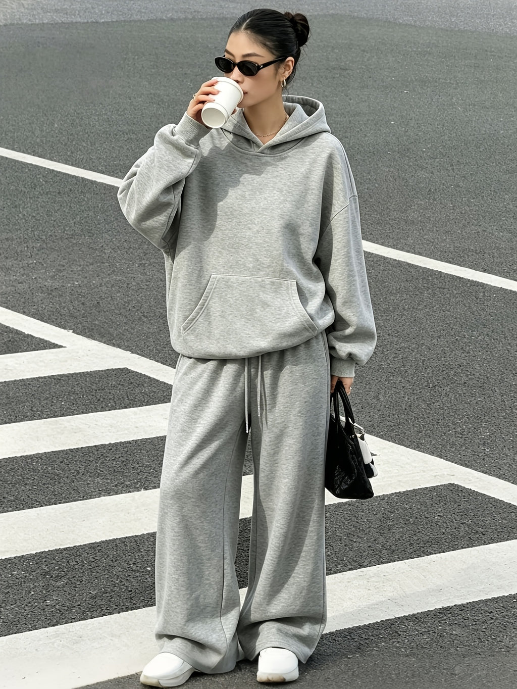 2pcs Women's Spring, Autumn, and Winter -Lined Casual Elegant Winter Set, Daily Fashion Outfit Set with a Relaxed and Premium Texture, Simple -Lined Hooded Sweatshirt + Loose -Lined Thick Wide-Leg Pants Set - Gray Set