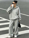 2pcs Women's Spring, Autumn, and Winter -Lined Casual Elegant Winter Set, Daily Fashion Outfit Set with a Relaxed and Premium Texture, Simple -Lined Hooded Sweatshirt + Loose -Lined Thick Wide-Leg Pants Set - Gray Set