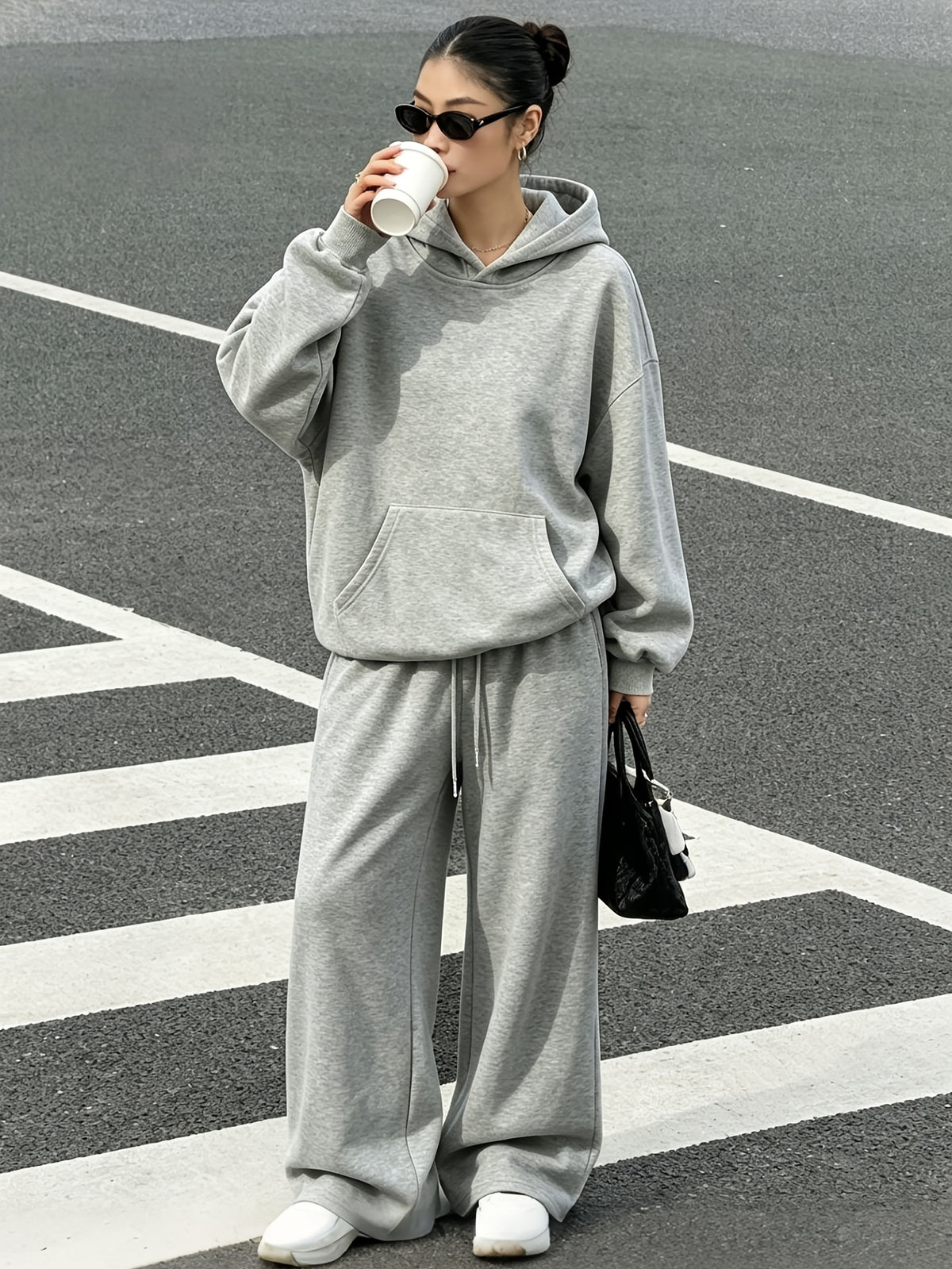 2pcs Women's Spring, Autumn, and Winter -Lined Casual Elegant Winter Set, Daily Fashion Outfit Set with a Relaxed and Premium Texture, Simple -Lined Hooded Sweatshirt + Loose -Lined Thick Wide-Leg Pants Set - Gray Set