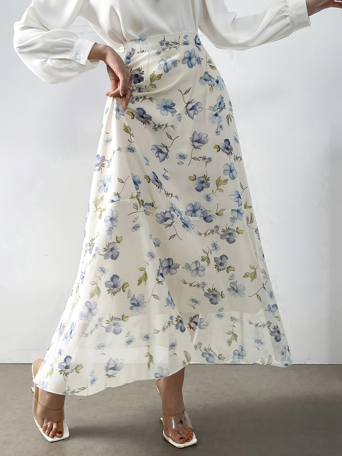 Women'S Skirt, Fashion Small Floral Chiffon Skirt, Casual Street Style Flowy Dress, Business Commute Style Women'S Skirt - Beige